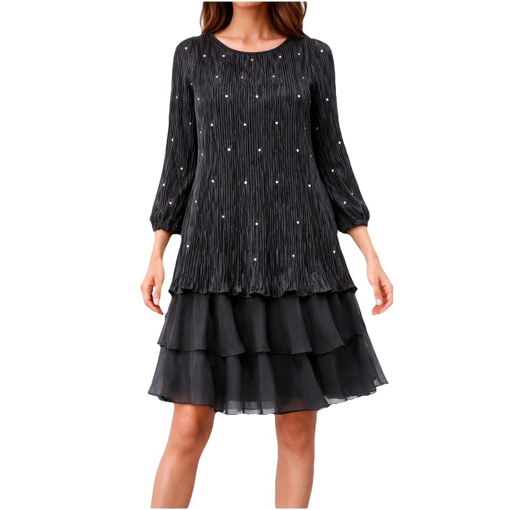 After Dark Vintage Black Crinkle Beaded Dress 9/10 Long Sleeve Tiered Skirt USA